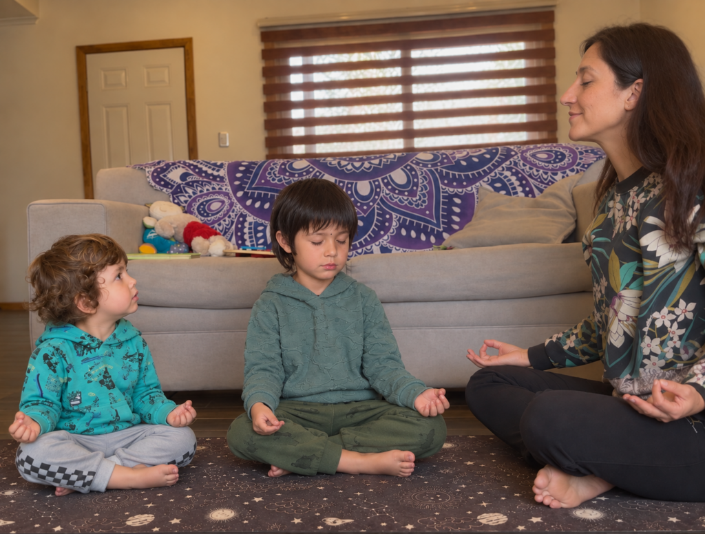 Carolina meditando sentada en el living junto a sus dos hijos