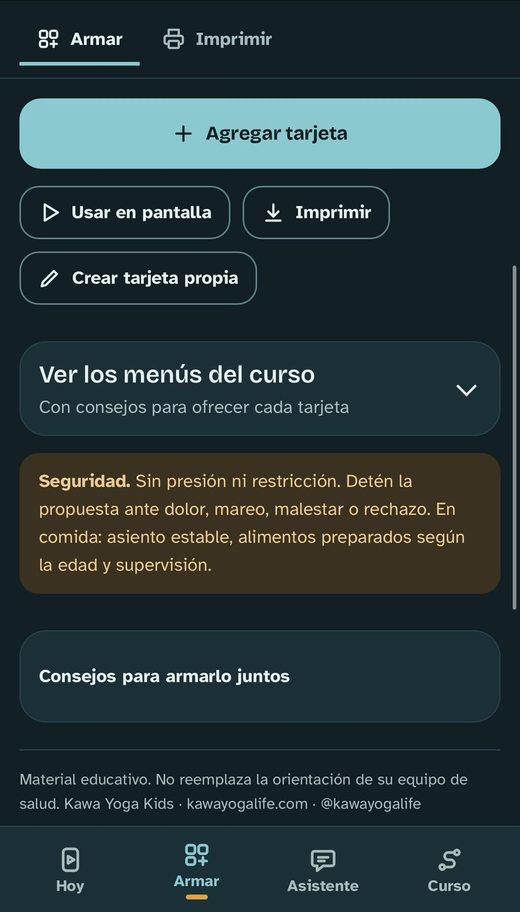 Pantalla Armar de la app con opciones para agregar y crear tarjetas