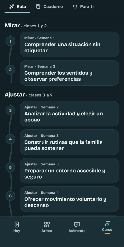 Ruta del curso en la app con las clases de Mirar y Ajustar