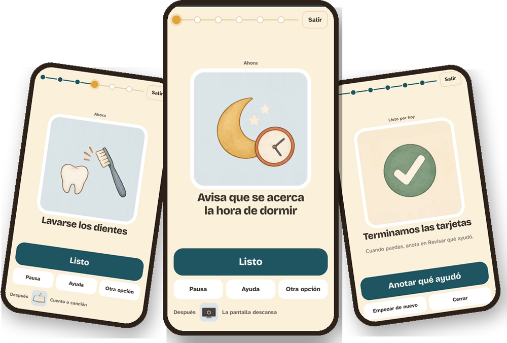 Tres pantallas de la app Mi rutina en calma: Avisa que se acerca la hora de dormir, Lavarse los dientes y Terminamos las tarjetas