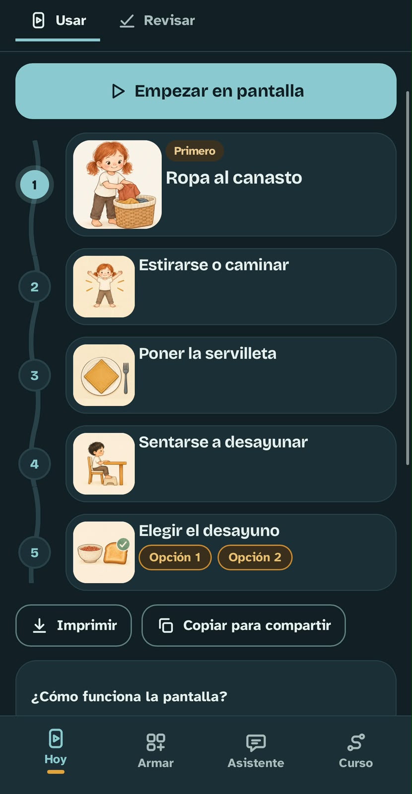 Pantalla Hoy de la app Mi rutina en calma, con la rutina de la mañana en pasos