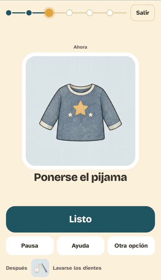 Modo pantalla de la app, con los botones Listo, Pausa, Ayuda y Otra opción