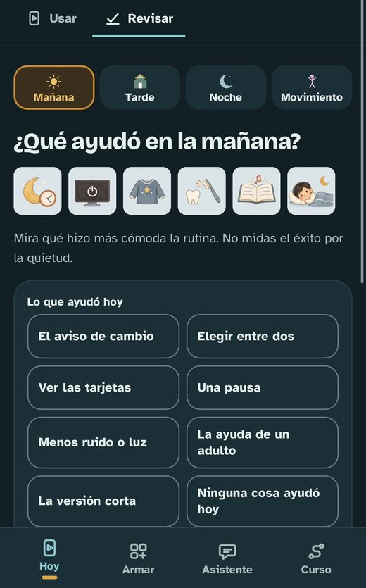 Pantalla Revisar de la app: qué ayudó en la mañana