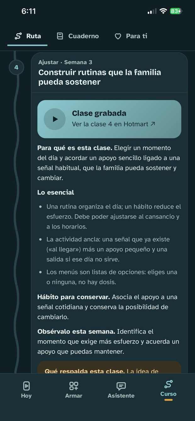 Pantalla de la Clase 4 con lo esencial y el enlace a la clase grabada