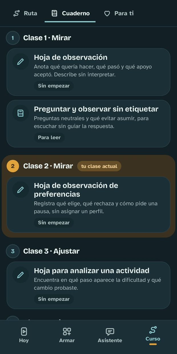 El cuaderno de la app con las hojas de las clases