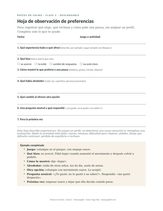 Hoja en PDF de observación de preferencias, Clase 2